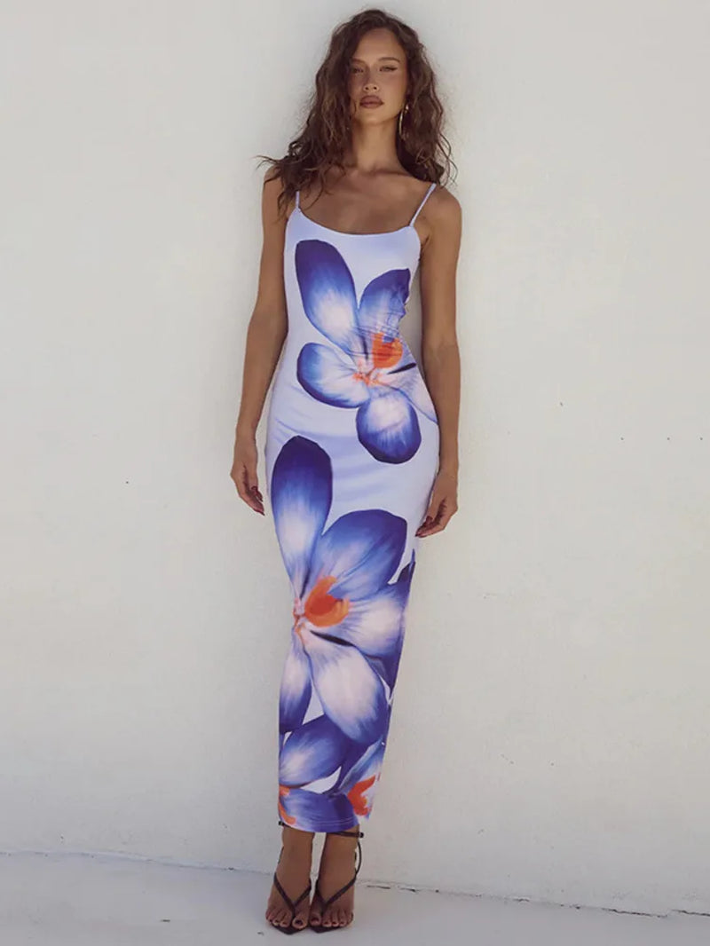 Floreal Print Long Dress for Women Gown Summer New Spaghetti Strap Sleeveless Backless Bodycon Sexy Midi Dress Elegant