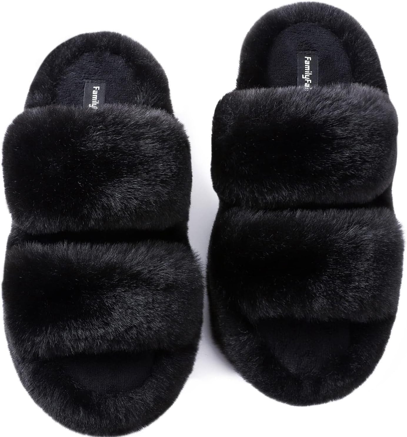 Women'S Fluffy Faux Fur Slippers Comfy Open Toe Two Band Slides with Fleece Lining and Rubber Sole