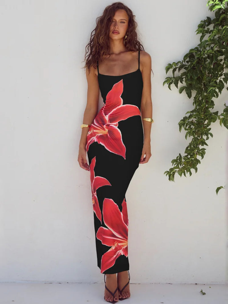 Floreal Print Long Dress for Women Gown Summer New Spaghetti Strap Sleeveless Backless Bodycon Sexy Midi Dress Elegant